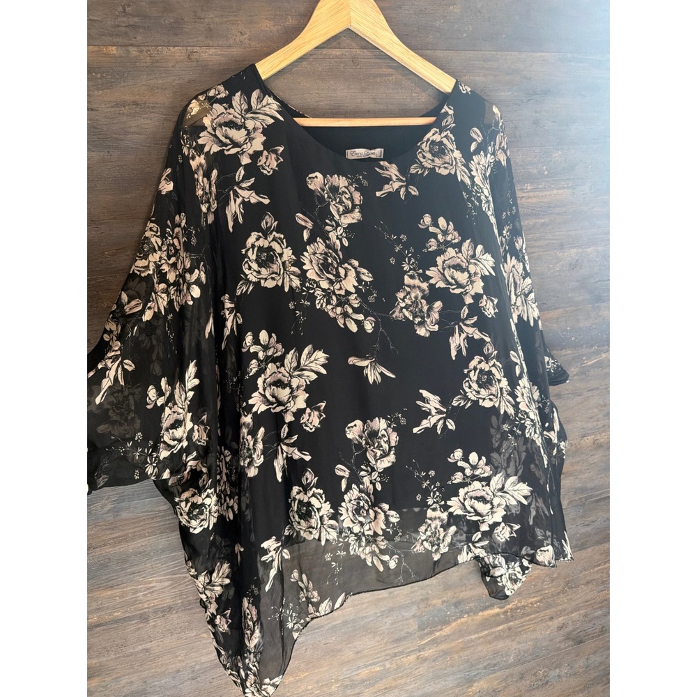 Elena Baldi Made in Italy Black Floral Chiffon Poncho Blouse Top Large